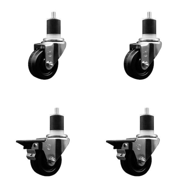3'' Phenolic Wheel Swivel 1-7/8'' Expand Stem Caster Set 2 Brakes, 4PK